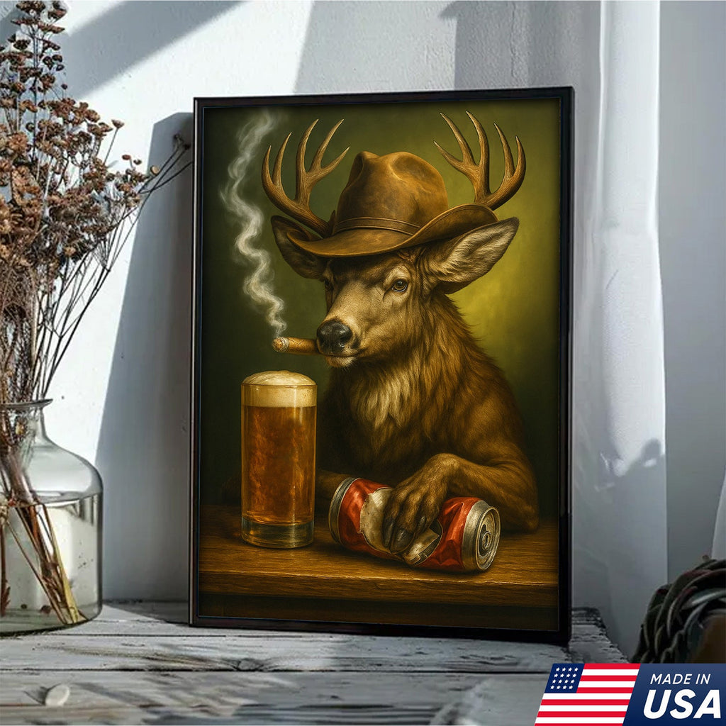 Funny Cowboy Buck Beer Canvas – Rustic Funny Wall Art Gift for Hunters, Bar Cabin & Man Cave Decor
