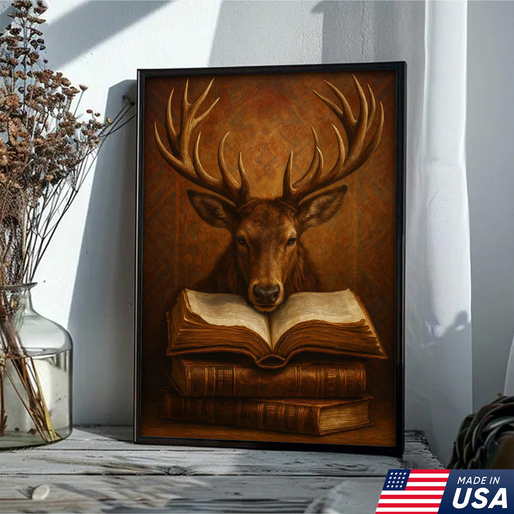 Wise Deer Canvas Wall Art – Rustic Library & Cabin Decor