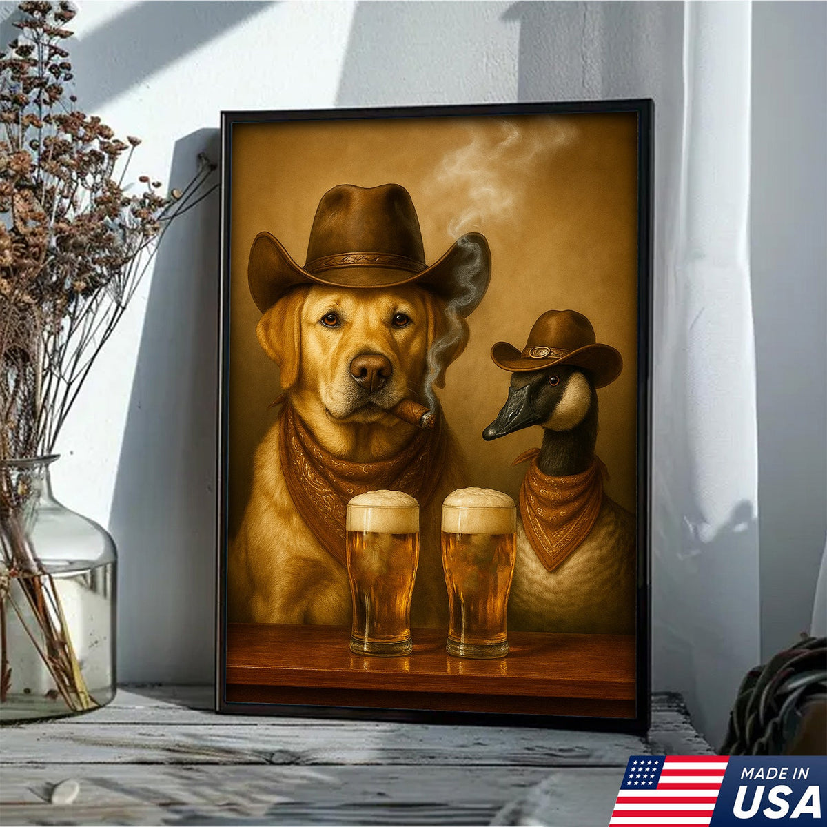 Funny Cowboy Dog & Goose Canvas Wall Art – Funny Beer & Smoking Western Decor for Hunters