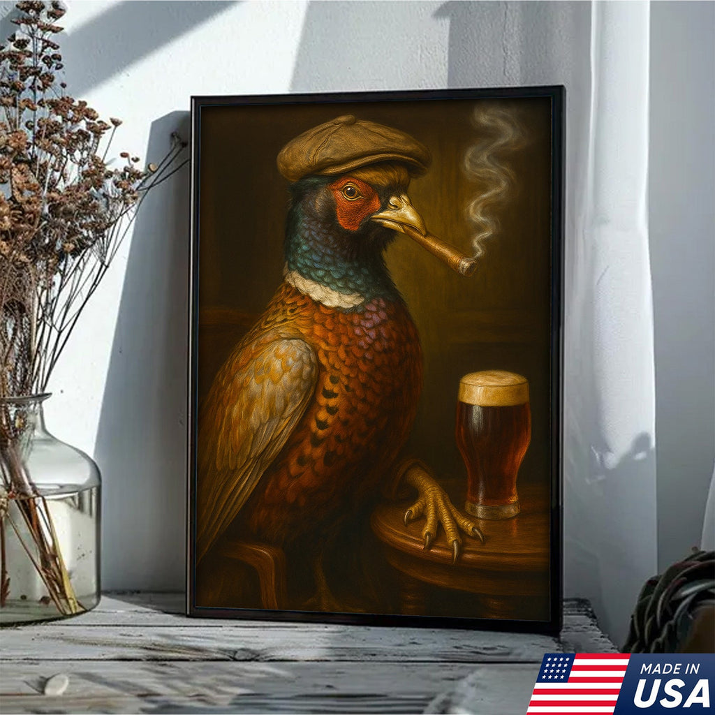 Pheasant Beer & Smoking Canvas – Funny Rustic Wall Art for Hunters, Bar & Man Cave Decor