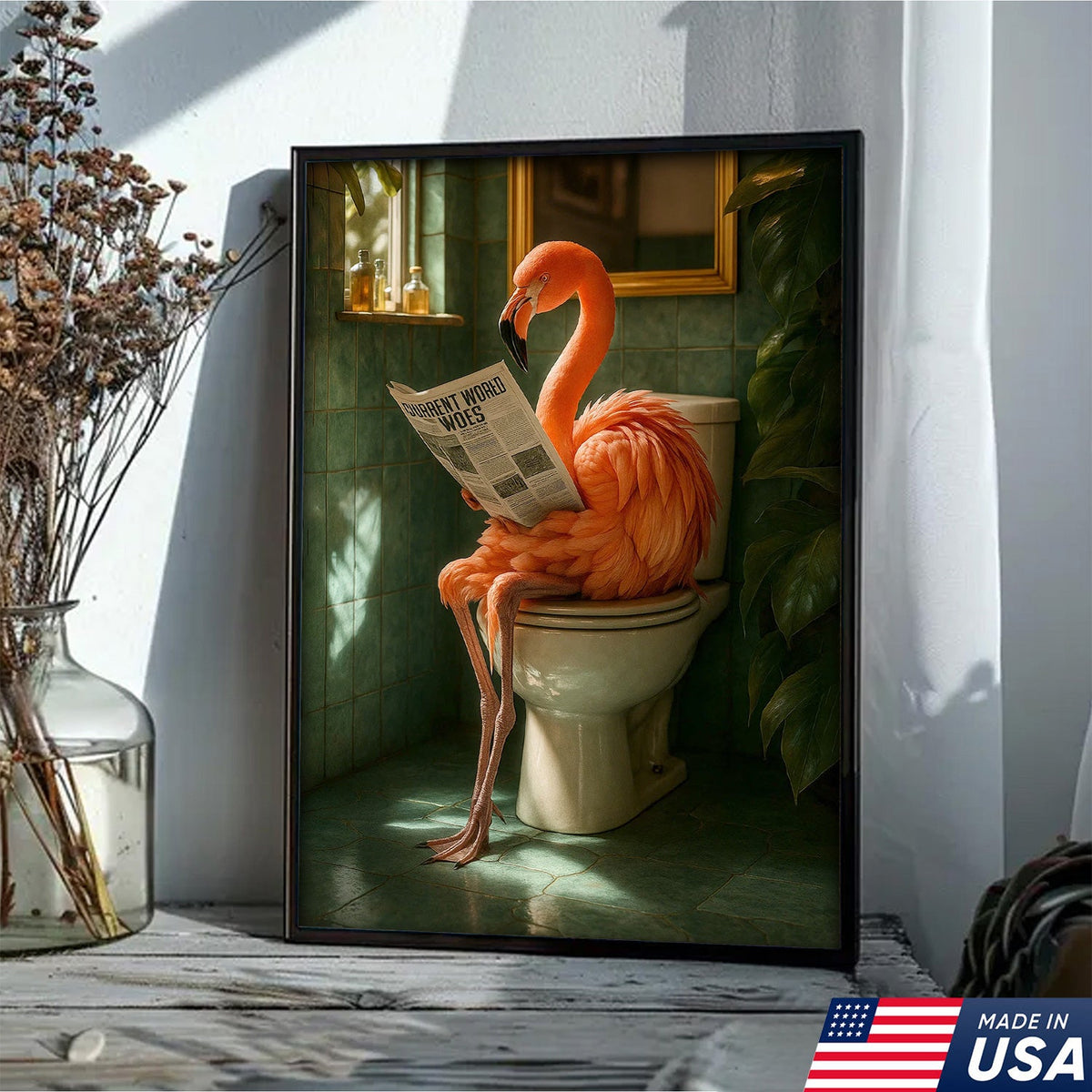 Funny Flamingo Bathroom Canvas Wall Art – Quirky Bird Reading Newspaper Print