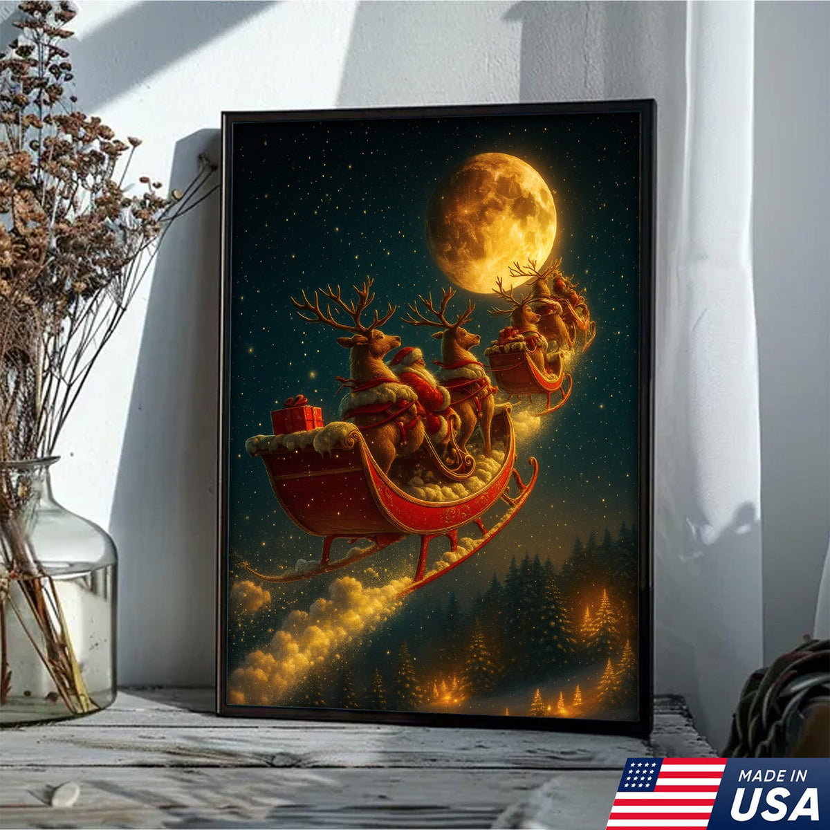 Magical Santa Sleigh and Reindeer Canvas – Christmas Wall Art Gift for Hunters & Holiday Lovers