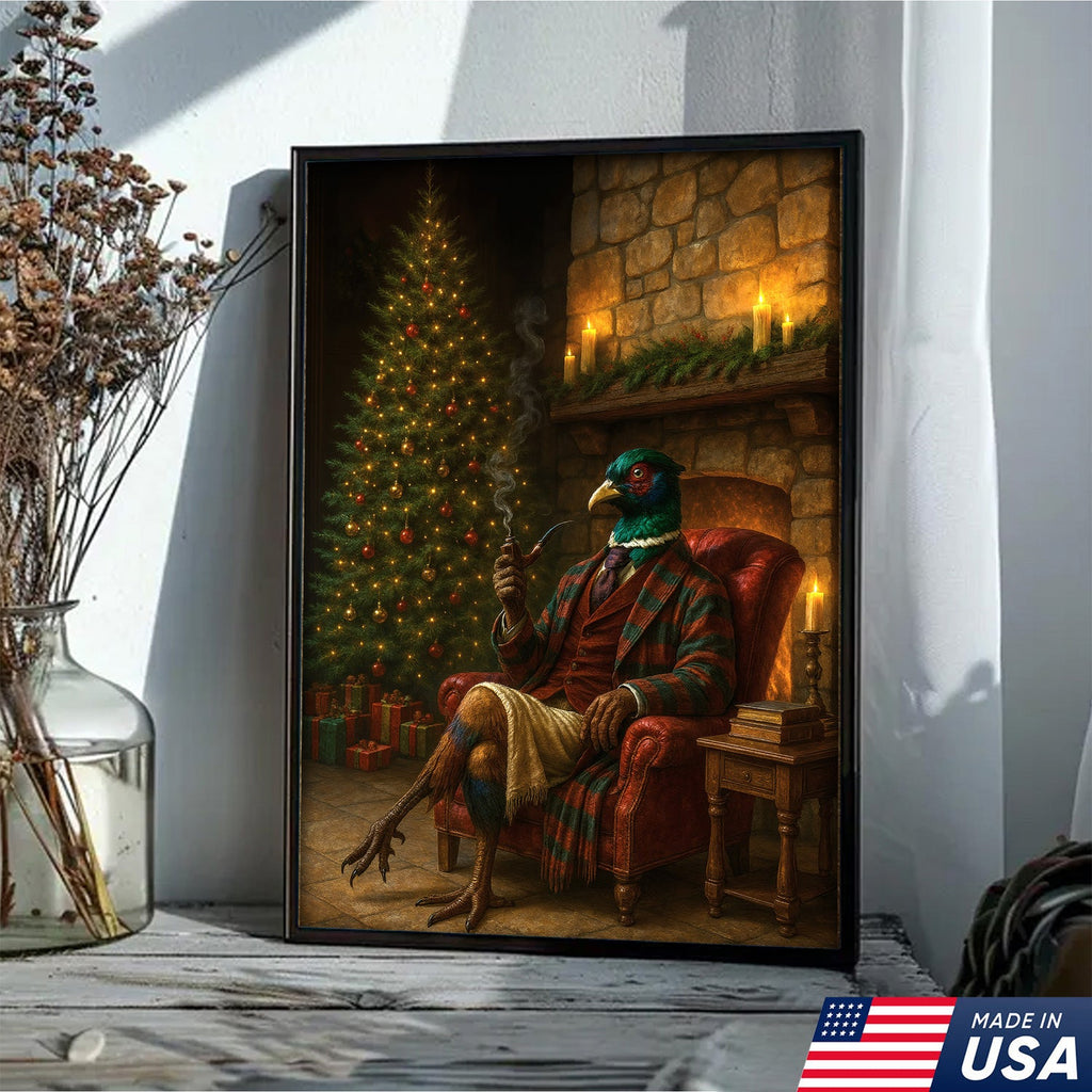 Holiday Pheasant Gentleman Canvas Wall Decor – Cozy Christmas Artwork for Cabin or Farmhouse