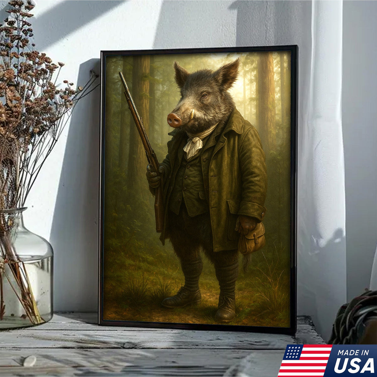 Funny Wild Boar Hunter Canvas Wall Art – Rustic Hunting Lodge Decor Gift for Hunters