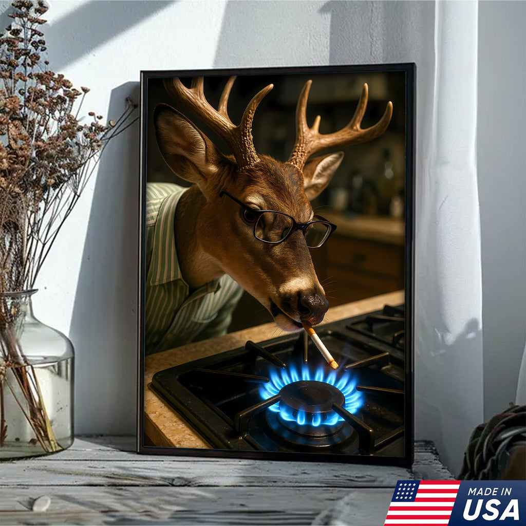 Funny Deer Smoking Canvas, Hilarious Buck Wall Art for Hunters, Rustic Cabin or Man Cave Decor