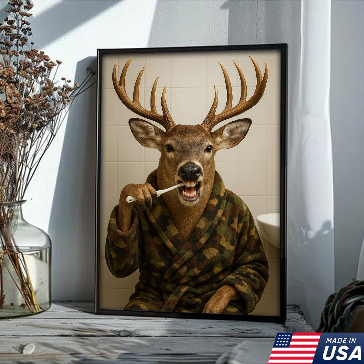 Funny Deer Brushing Teeth Wall Art – Rustic Bathroom Canvas for Cabin, Lodge & Man Cave Decor