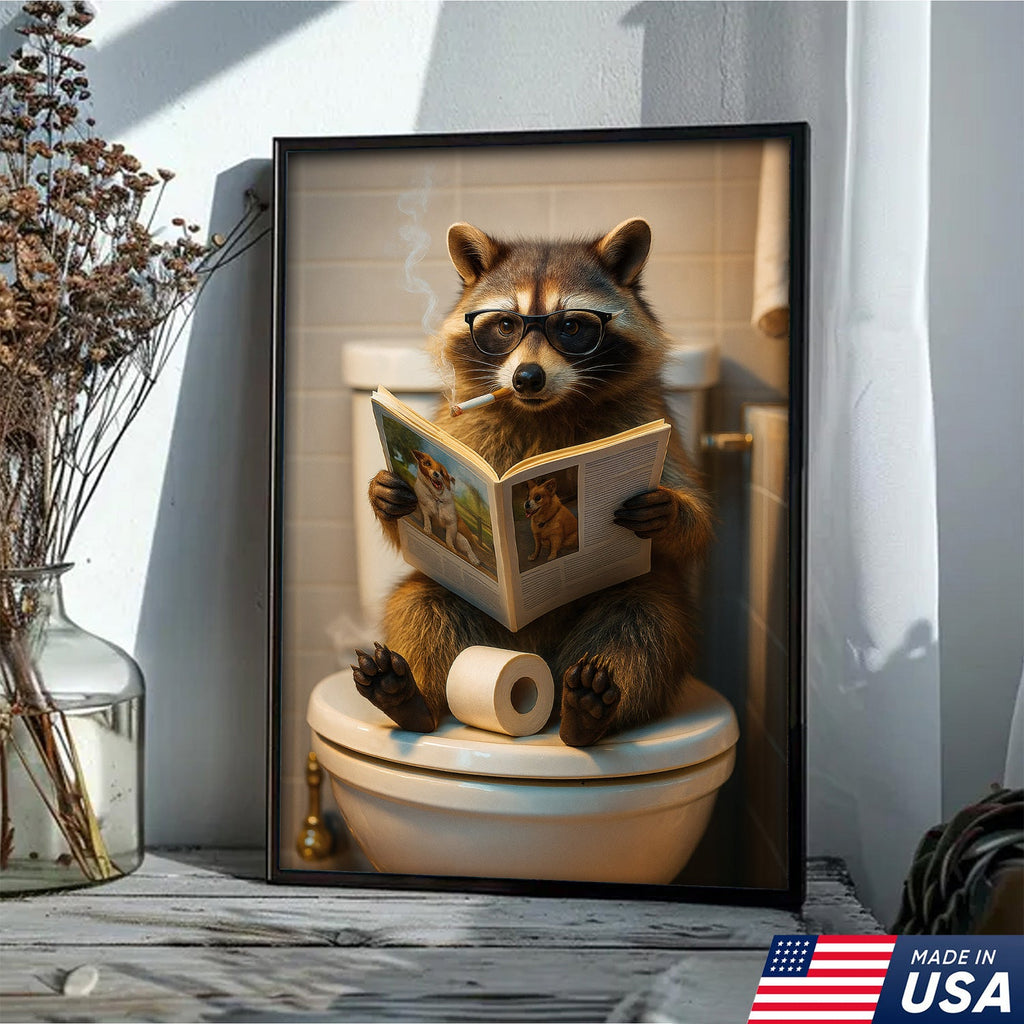 Funny Raccoon On Toilet Canvas – Smoking Raccoon Reading on Toilet, Bathroom Humor Wall Art