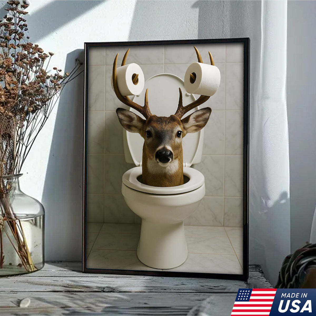 Funny Deer Bathroom Canvas Wall Art, Toilet Humor Buck with Paper Roll Antlers