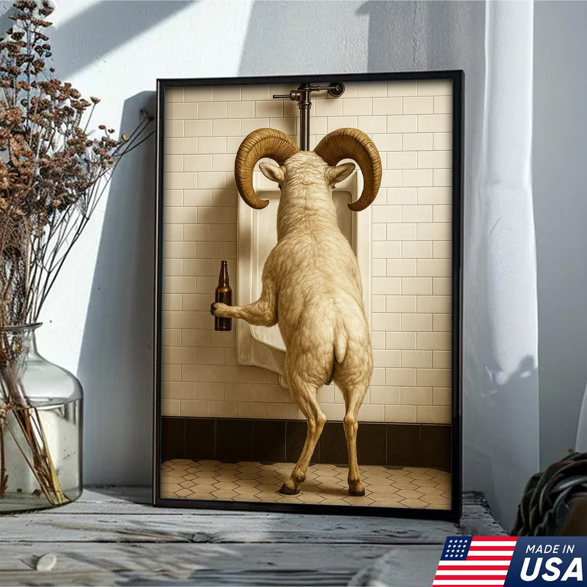 Whimsical Dall Sheep Canvas Wall Art - Funny Rustic Bathroom Decor for Cabin, Farmhouse, and Lodge