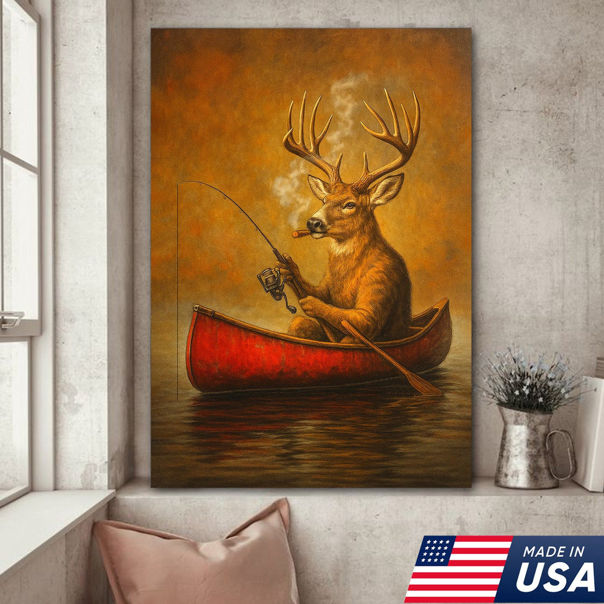 Funny Mule Deer Fishing Canvas Wall Art, Rustic Cabin & Lodge Decor for Hunters