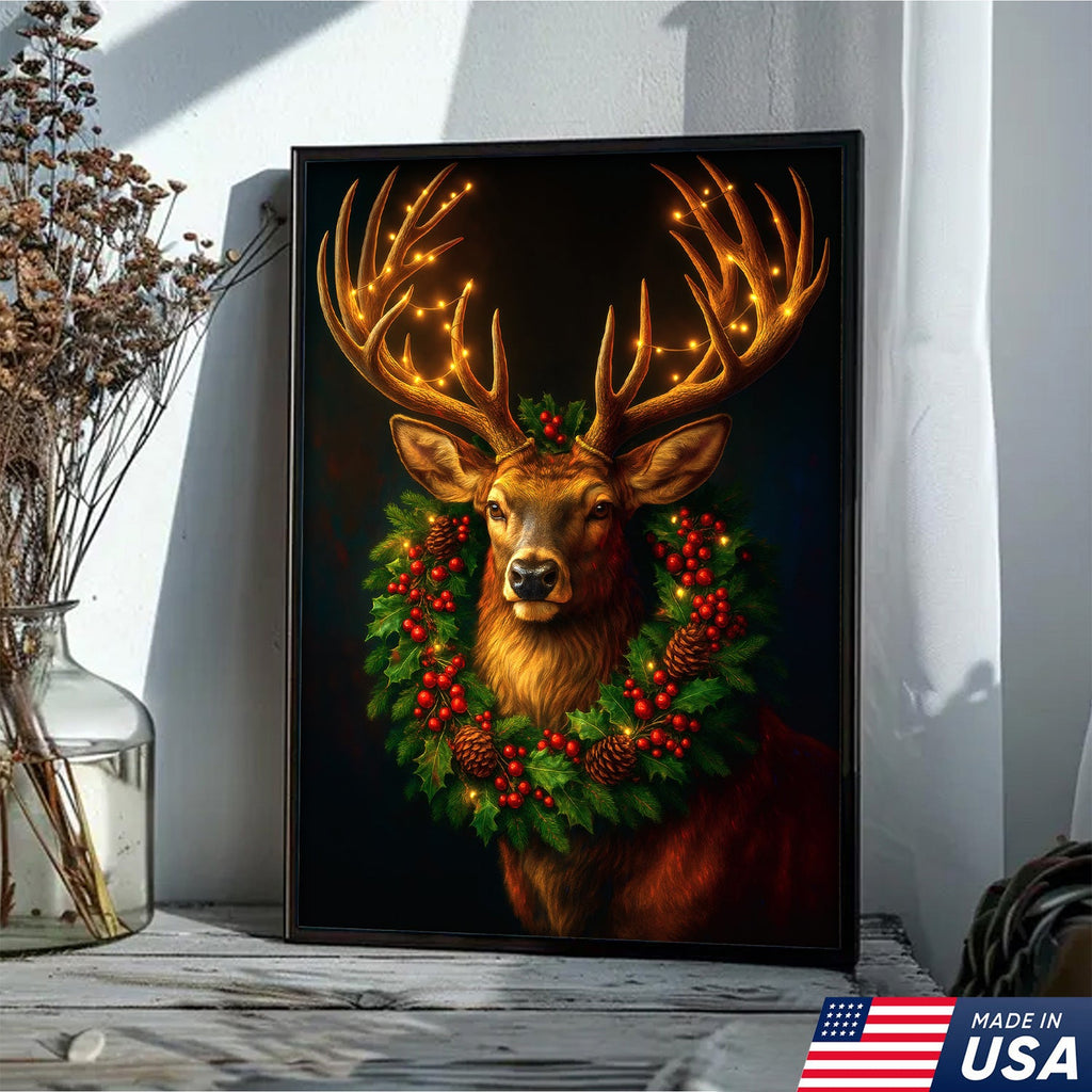 Christmas Deer Canvas Wall Art - Rustic Holiday Decor for Hunters, Cabin & Lodge Christmas Gift