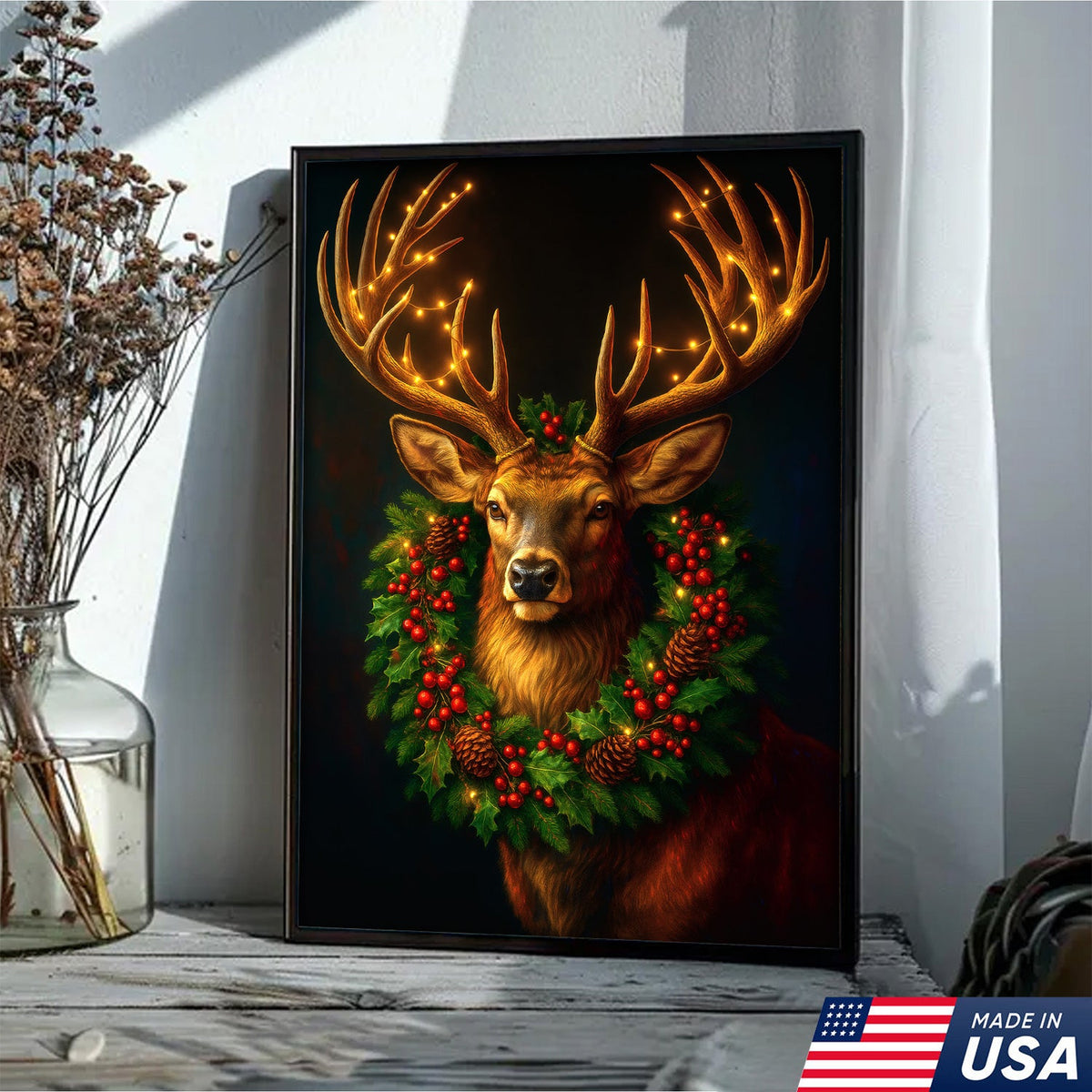 Christmas Deer Canvas Wall Art - Rustic Holiday Decor for Hunters, Cabin & Lodge Christmas Gift