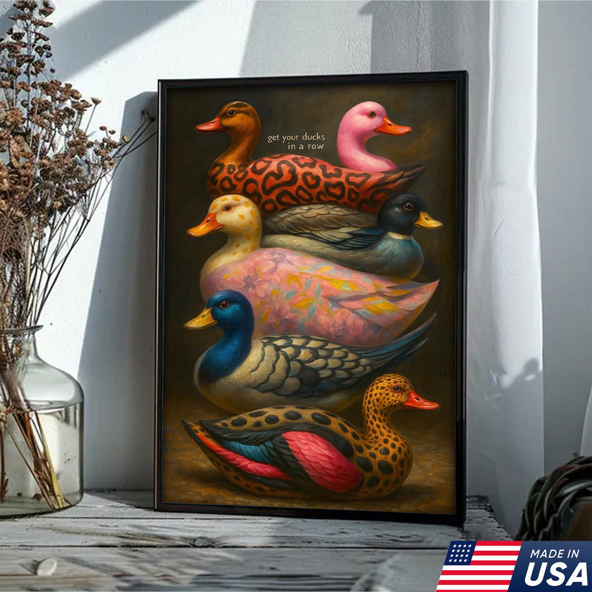 Colorful Duck Wall Art Canvas – Funny Get Your Ducks in a Row Farmhouse Decor