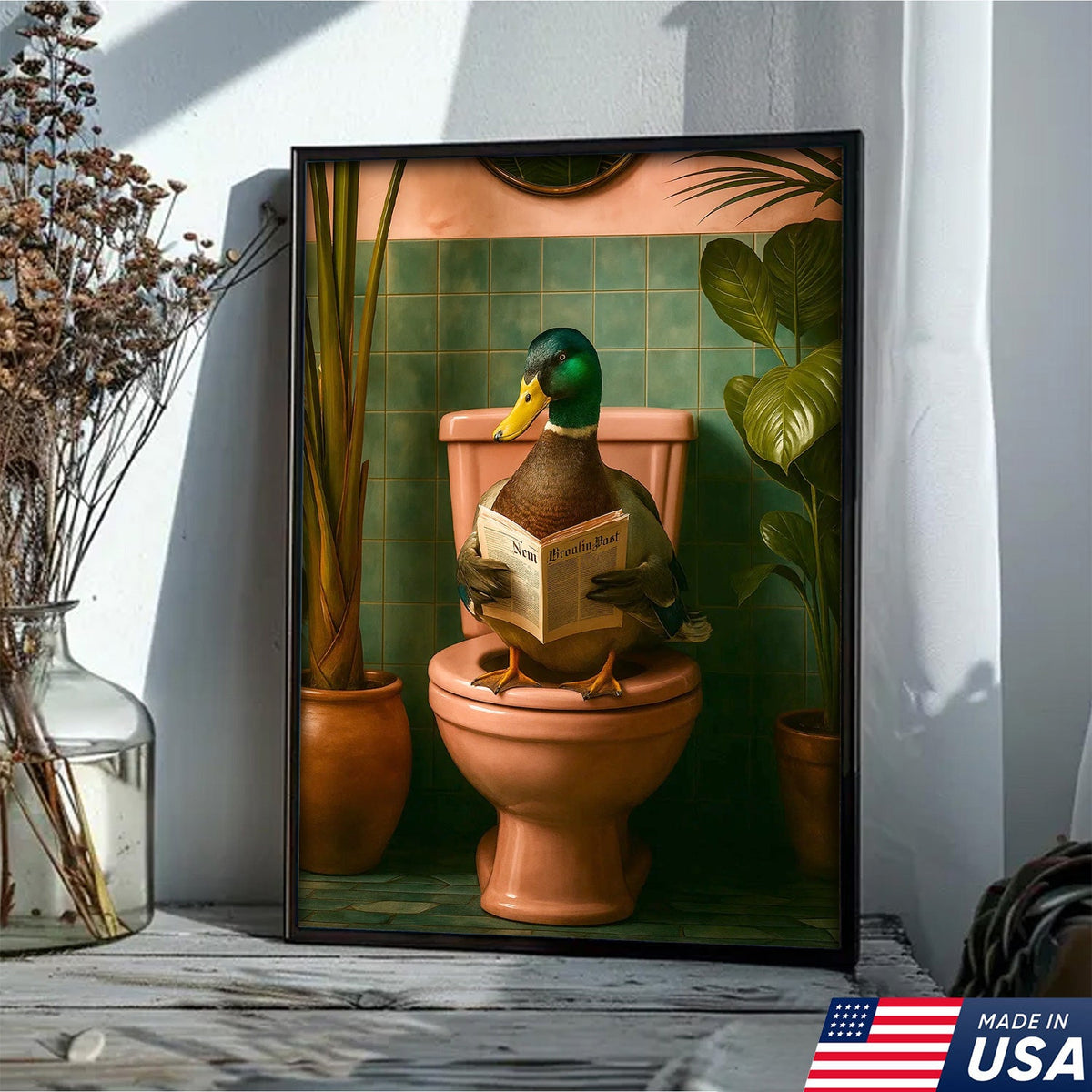 Whimsical Duck Bathroom Canvas Wall Art – Funny Rustic Lodge Decor – Mallard Reading Humor Print