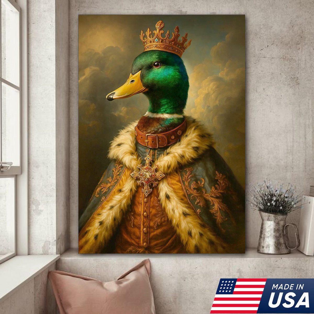 Royal Mallard King Canvas – Crowned Duck Portrait Wall Art, Vintage Baroque Animal Print