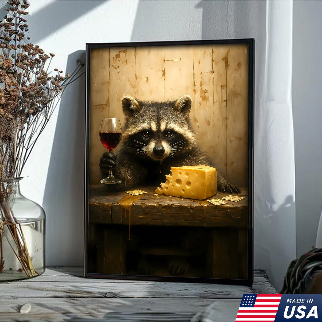 Raccoon with Wine and Cheese Canvas – Funny Bar Wall Art, Gentleman Gift for Men