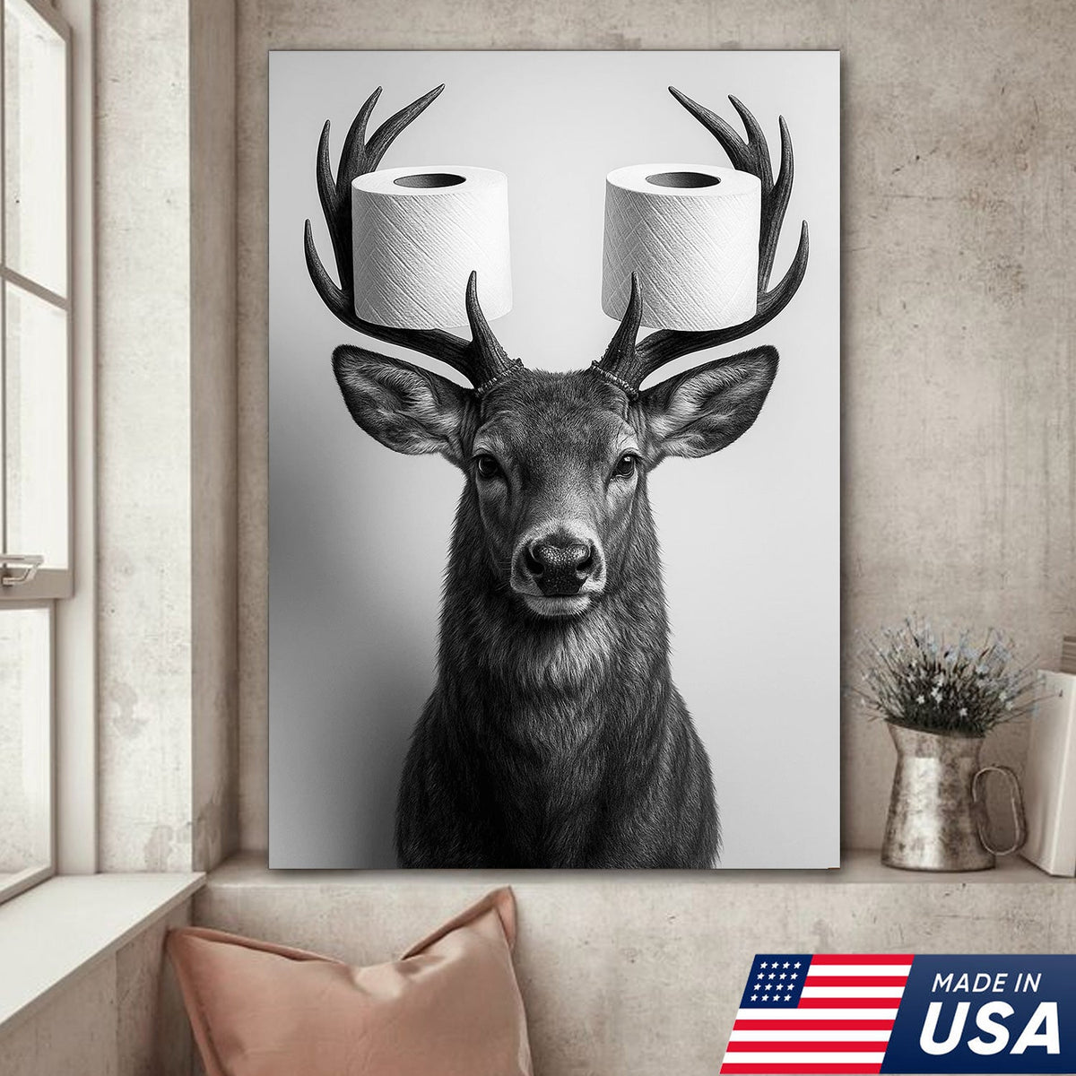 Deer Canvas Wall Art - Funny Animal Portrait with Toilet Paper on Antlers