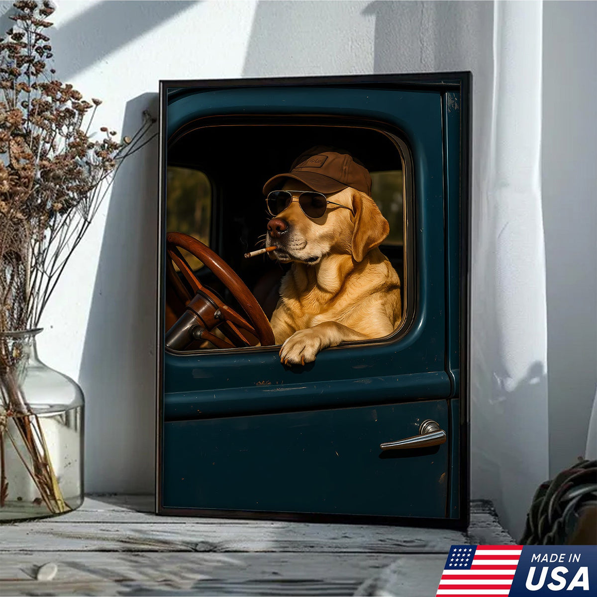 Cool Labrador Driver Canvas – Funny Country Dog Wall Art for Hunters