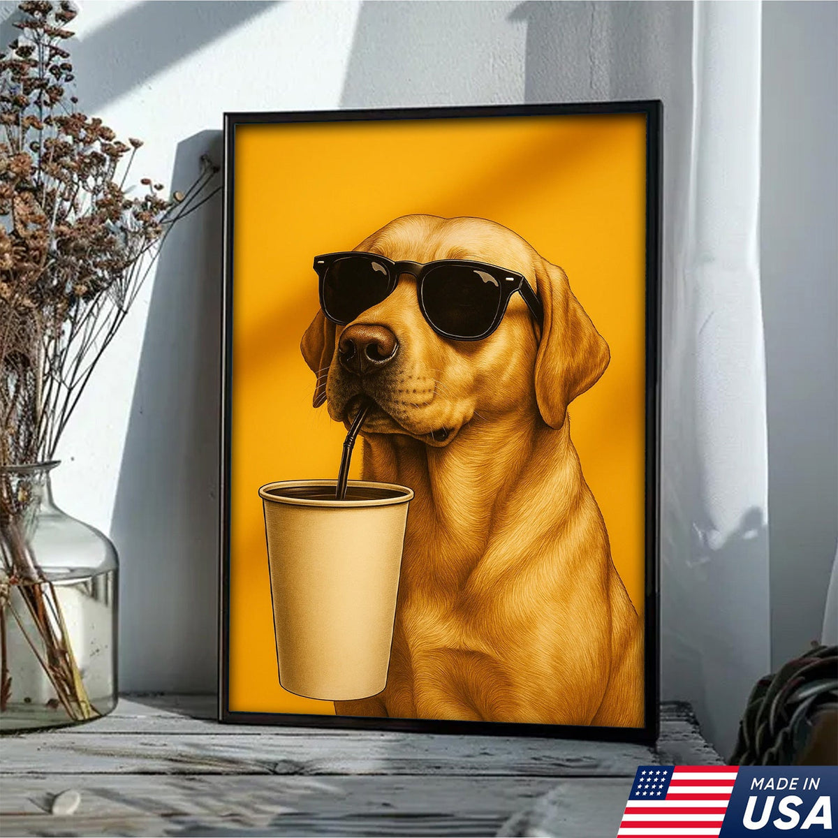 Cool Dog Canvas Wall Art – Funny Labrador with Sunglasses – Playful Rustic Home or Lodge Decor