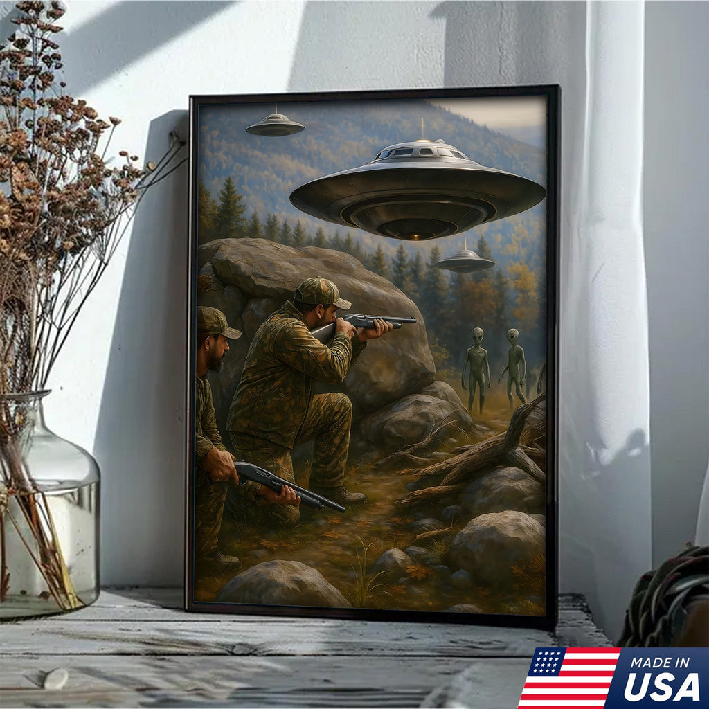 Alien Encounter Hunting Canvas Wall Art, Funny Hunters vs UFO Scene