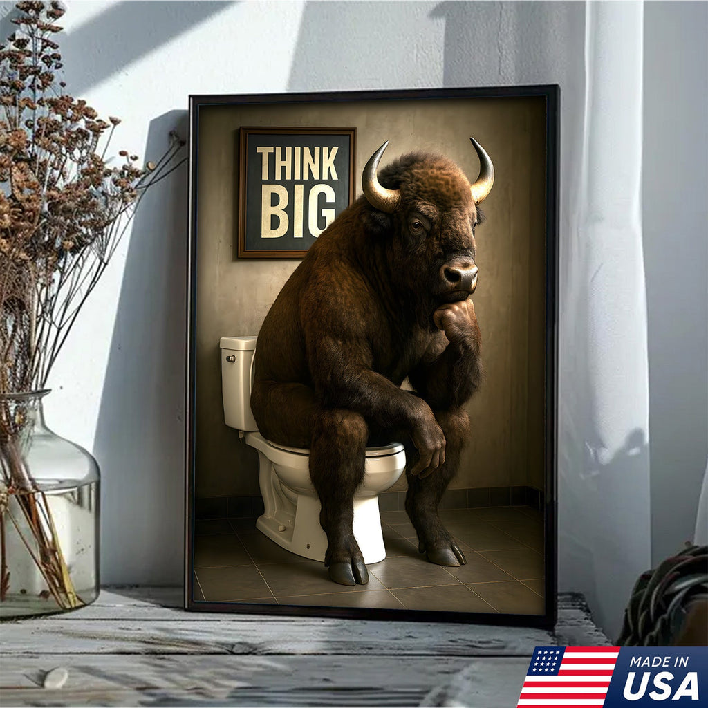 Funny Buffalo Bathroom Wall Art – Think Big Bison Canvas, Rustic Farmhouse Animal Decor