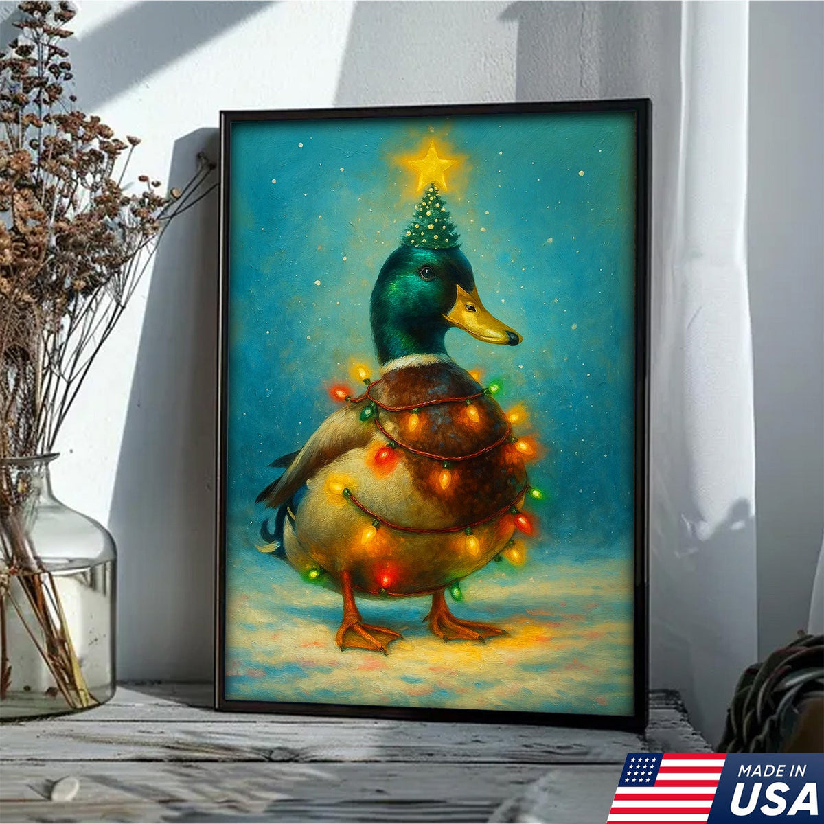 Funny Mallard Duck Christmas Canvas Wall Art – Festive Holiday Decor – Rustic Lodge Gift Idea