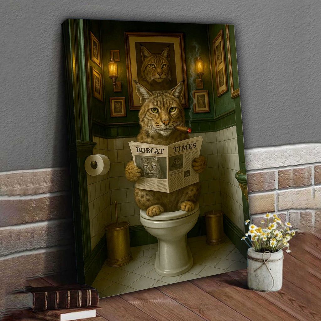 Funny Rustic Bobcat Wall Art Canvas – Smoking-Smoking Wild Cat Reading Newspaper
