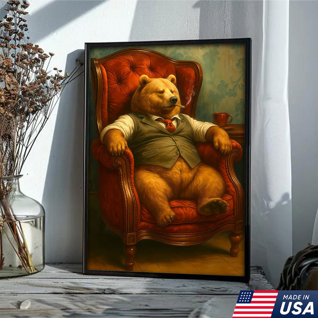 Gentleman Bear Sitting in Chair Canvas Art – Funny Gift for Men Who Love Class & Chill Vibes
