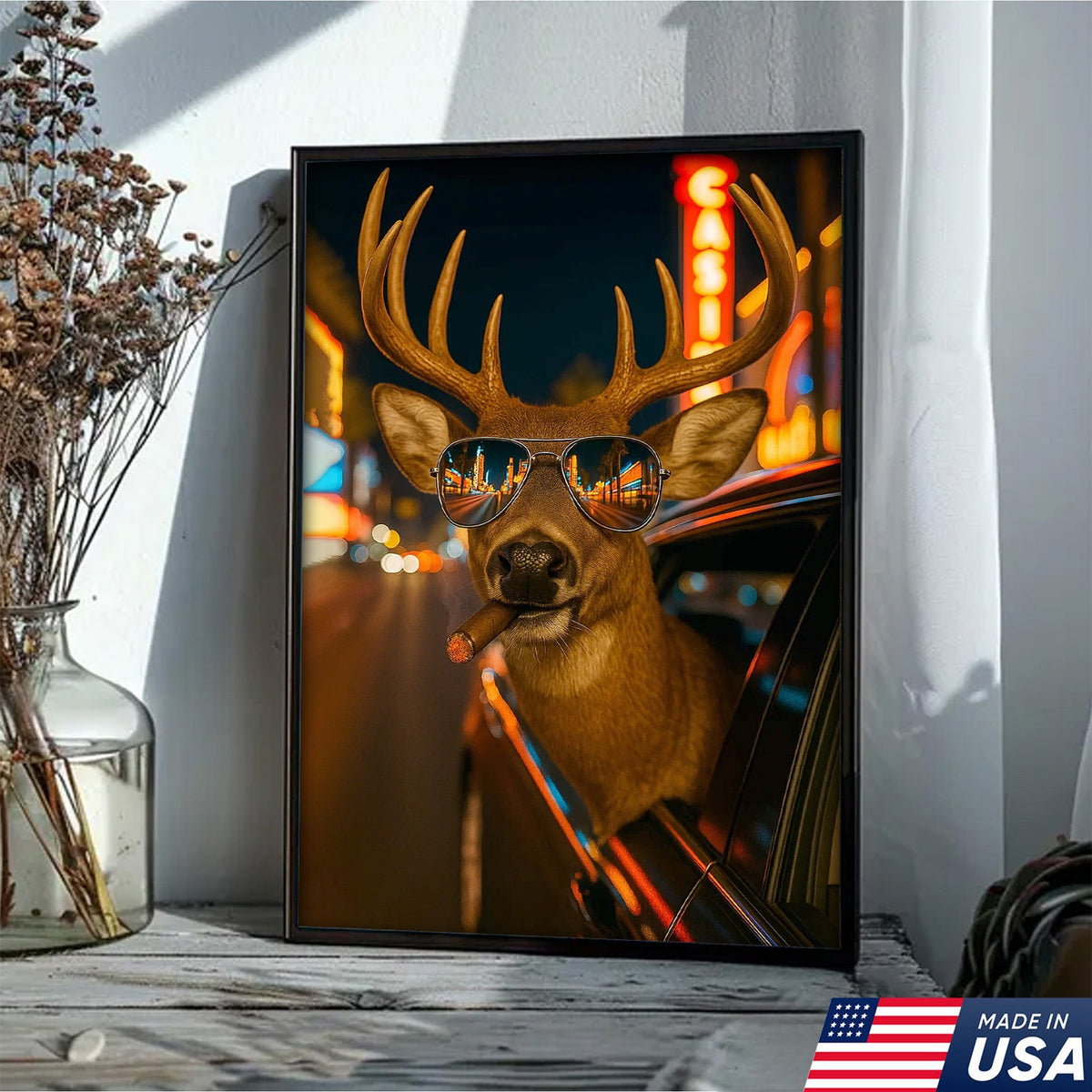 Cool Deer Canvas Wall Art - Funny Rustic Lodge Decor with Sunglasses and Night City Vibes