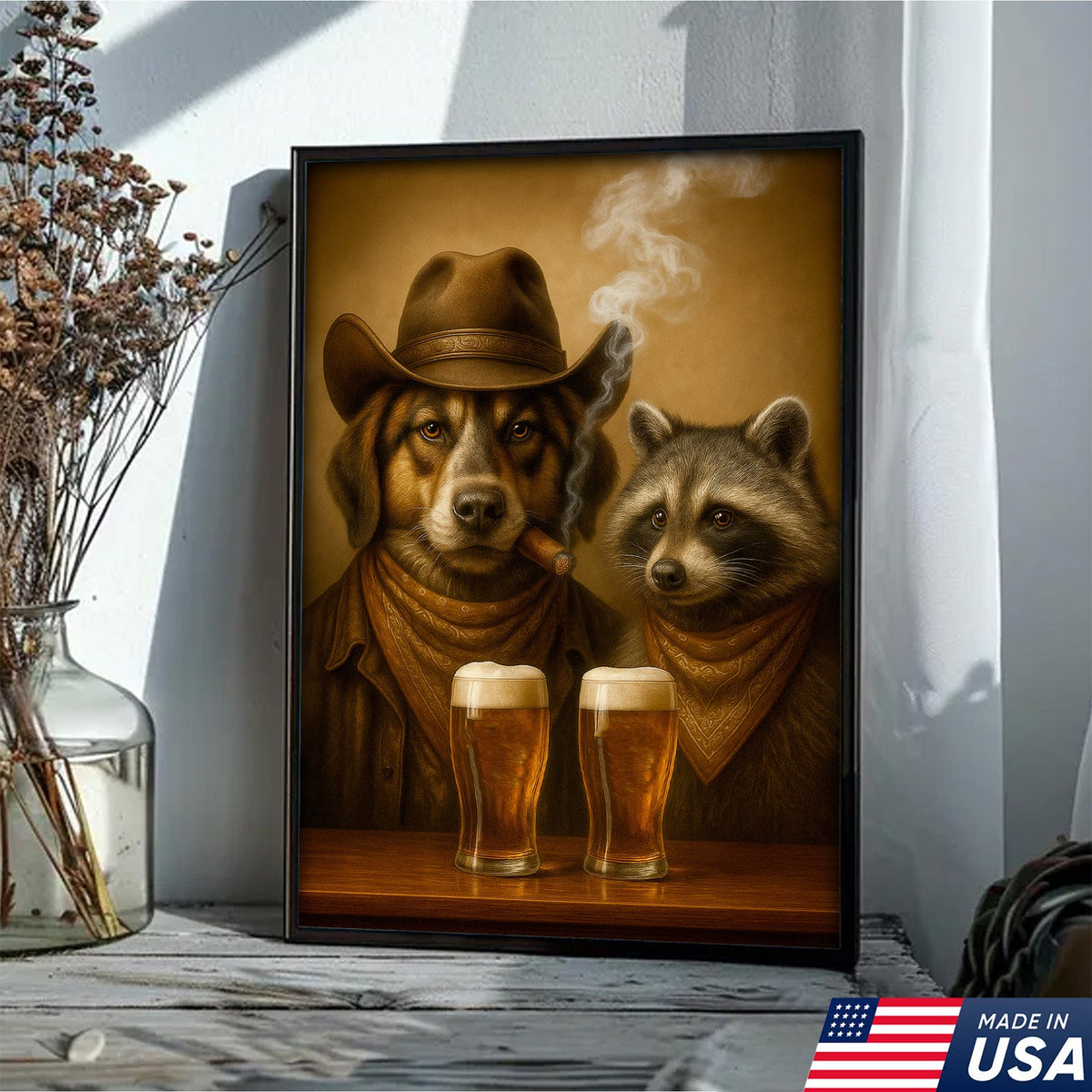 Funny Dog & Raccoon Cowboy Canvas Wall Art – Funny Western Beer Decor for Hunters