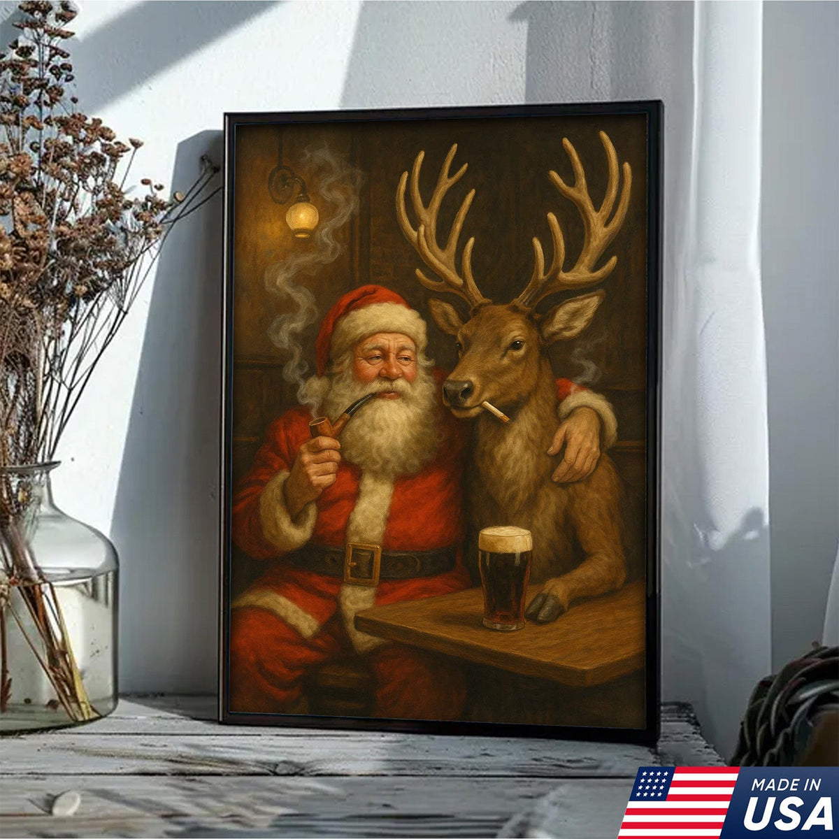 Funny Santa and Reindeer Wall Art Canvas – Rustic Christmas Lodge Decor