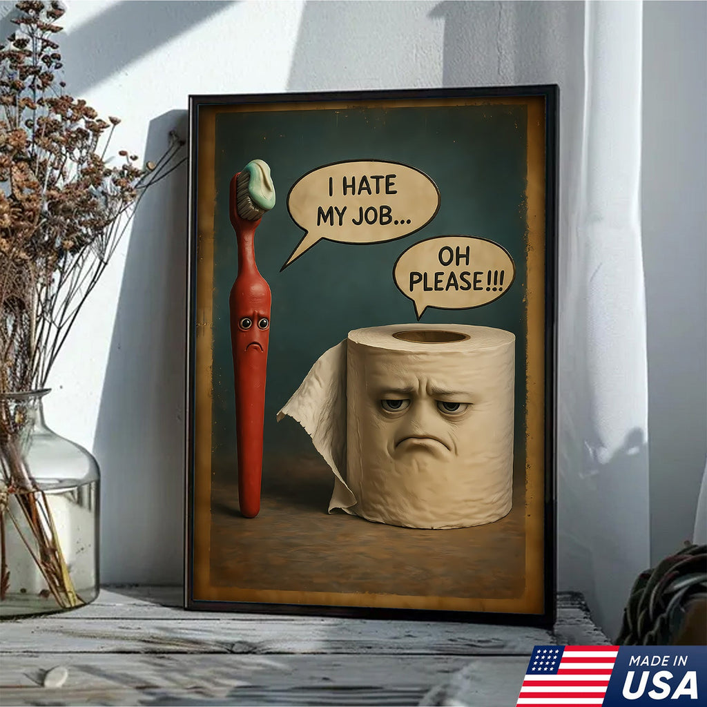 Funny Bathroom Humor Canvas Wall Art, Talking Toothbrush and Toilet Paper Print