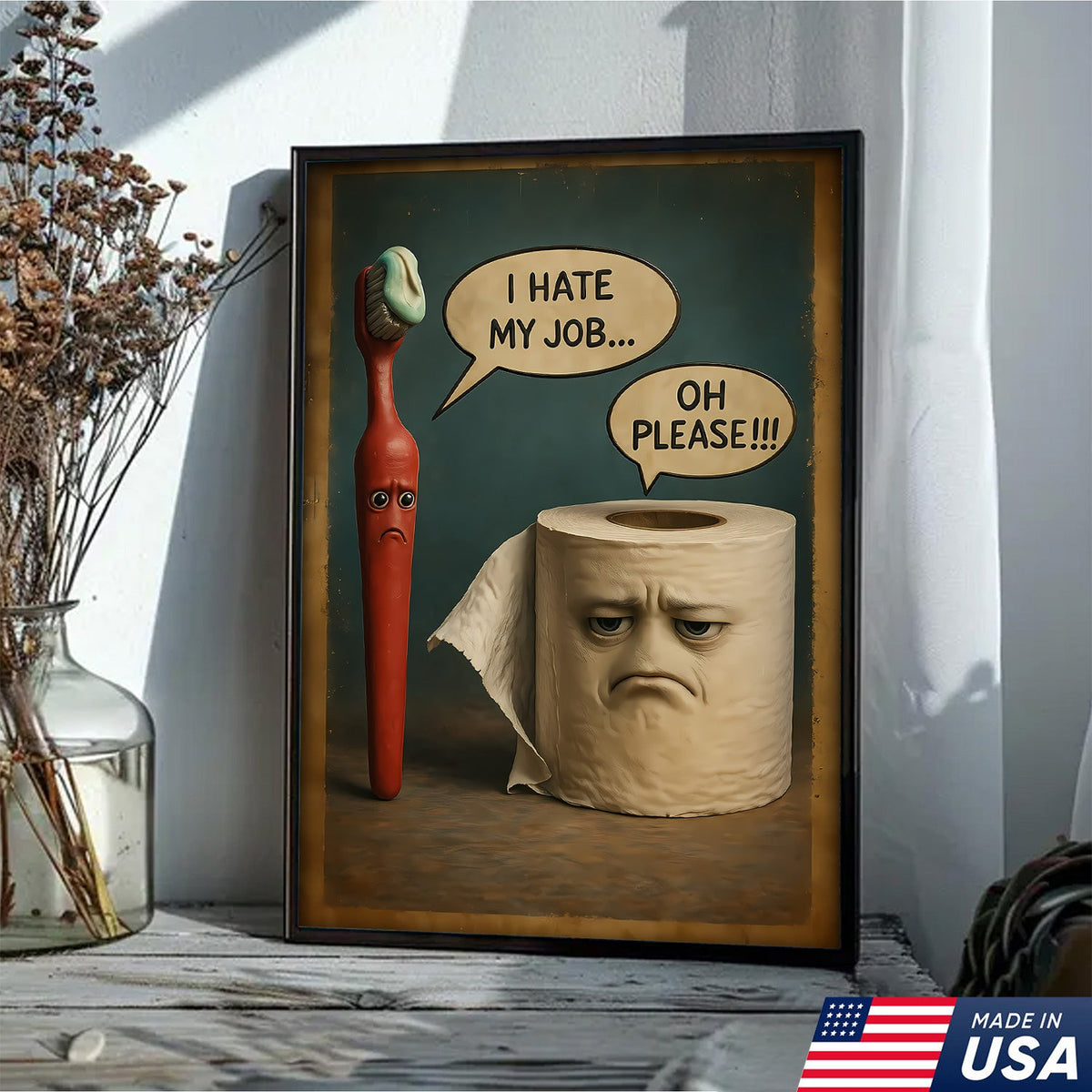 Funny Bathroom Humor Canvas Wall Art, Talking Toothbrush and Toilet Paper Print