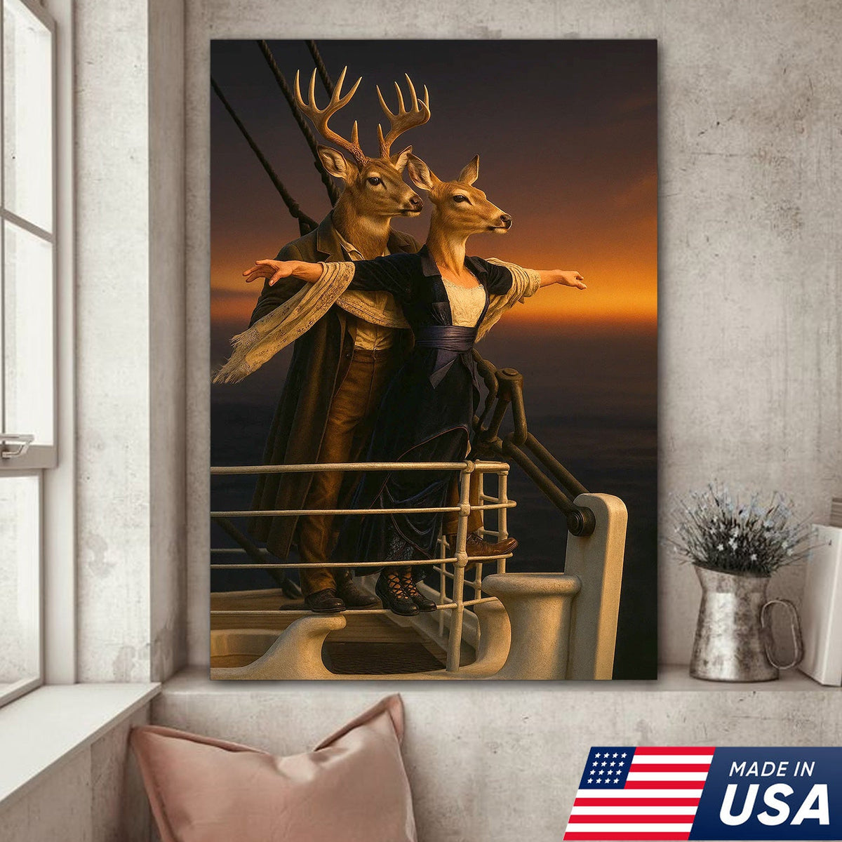 Romantic Deer Canvas Wall Art – Buck and Doe Cinematic Scene Sunset