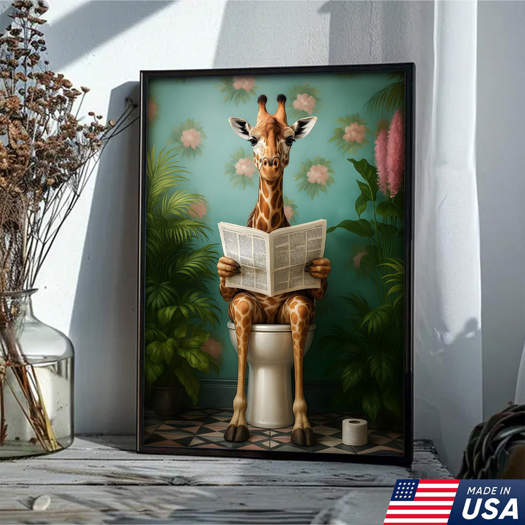 Funny Giraffe Bathroom Canvas Wall Art, Whimsical Animal Reading Newspaper Print