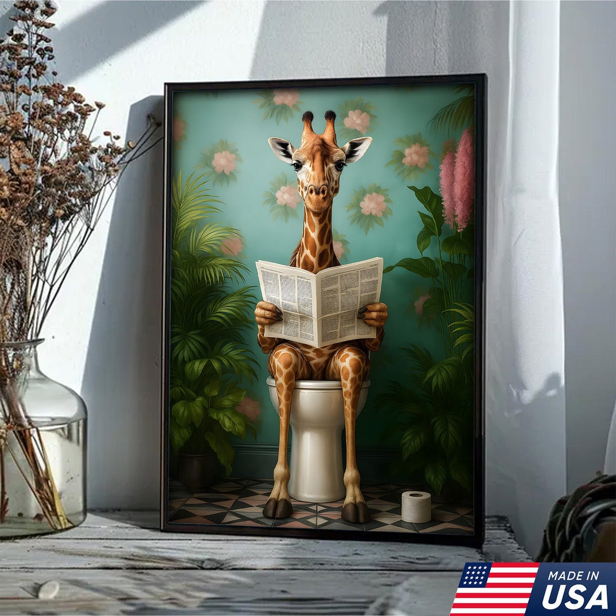 Funny Giraffe Bathroom Canvas Wall Art, Whimsical Animal Reading Newspaper Print