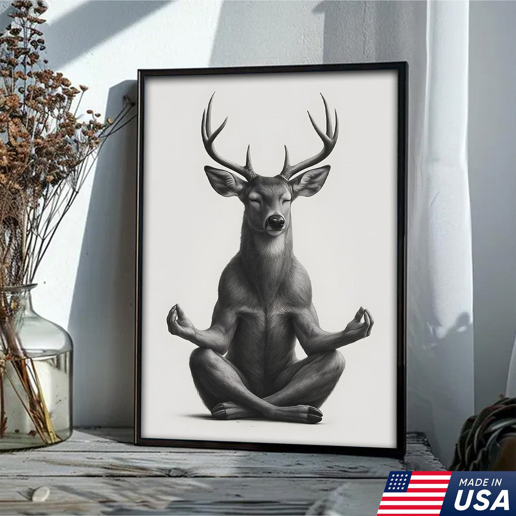 Yoga Deer Canvas Wall Art, Meditating Buck Minimalist Black and White Print, Peaceful Wildlife Zen Decor