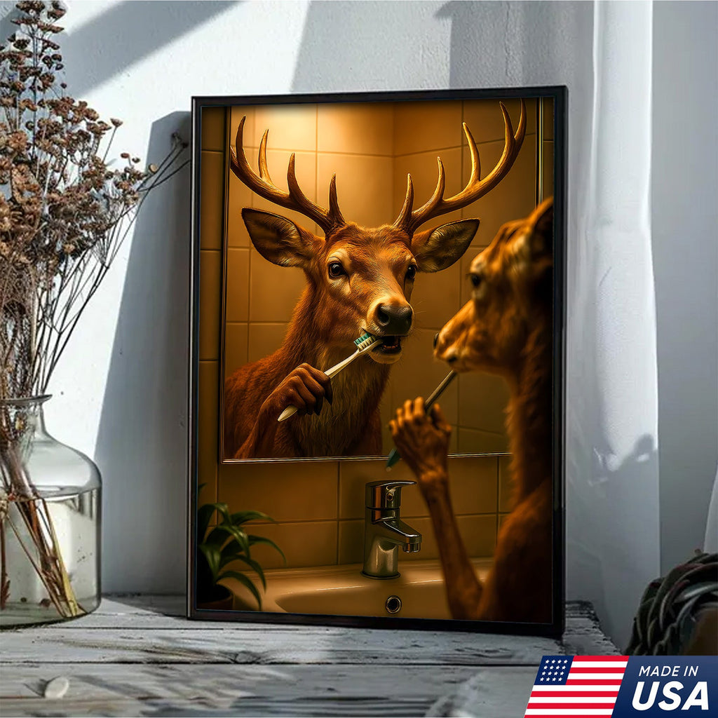 Deer Brushing Teeth Canvas – Funny Bathroom Wall Art, Cabin Decor Gift for Hunters