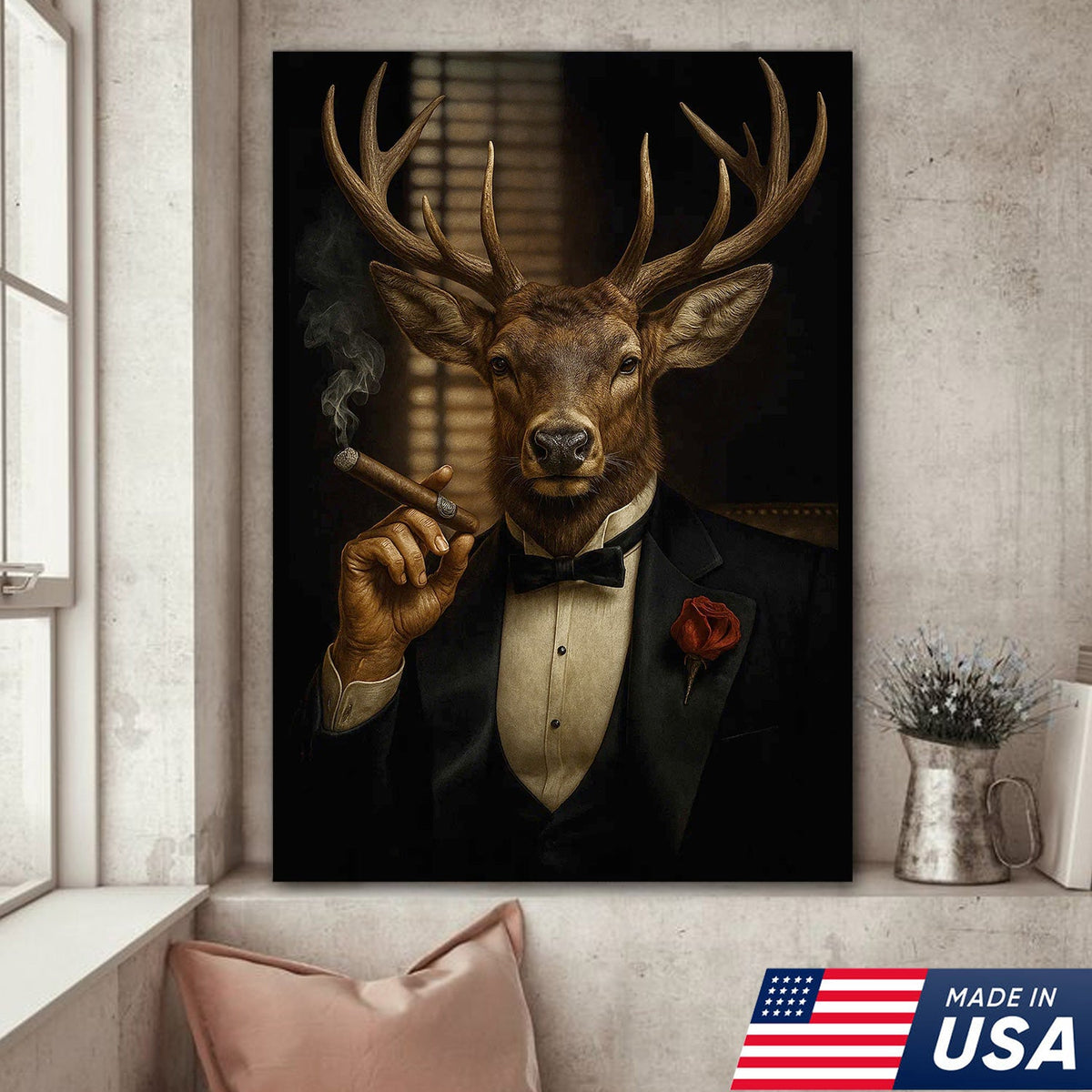 Deer in Tuxedo Canvas Wall Art – Elegant Deer Portrait, Vintage Noir Animal Print