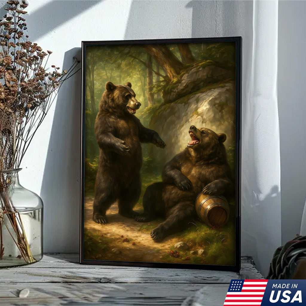 Funny Drunk Bears Canvas – Rustic Cabin Wall Art Gift for Hunters, Beer Lovers & Man Caves