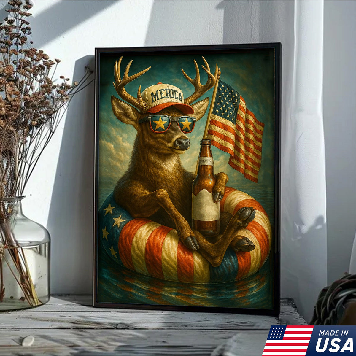 Patriotic Deer Wall Art Canvas – Funny American Flag Wall Art, Man Cave & Rustic Cabin Decor