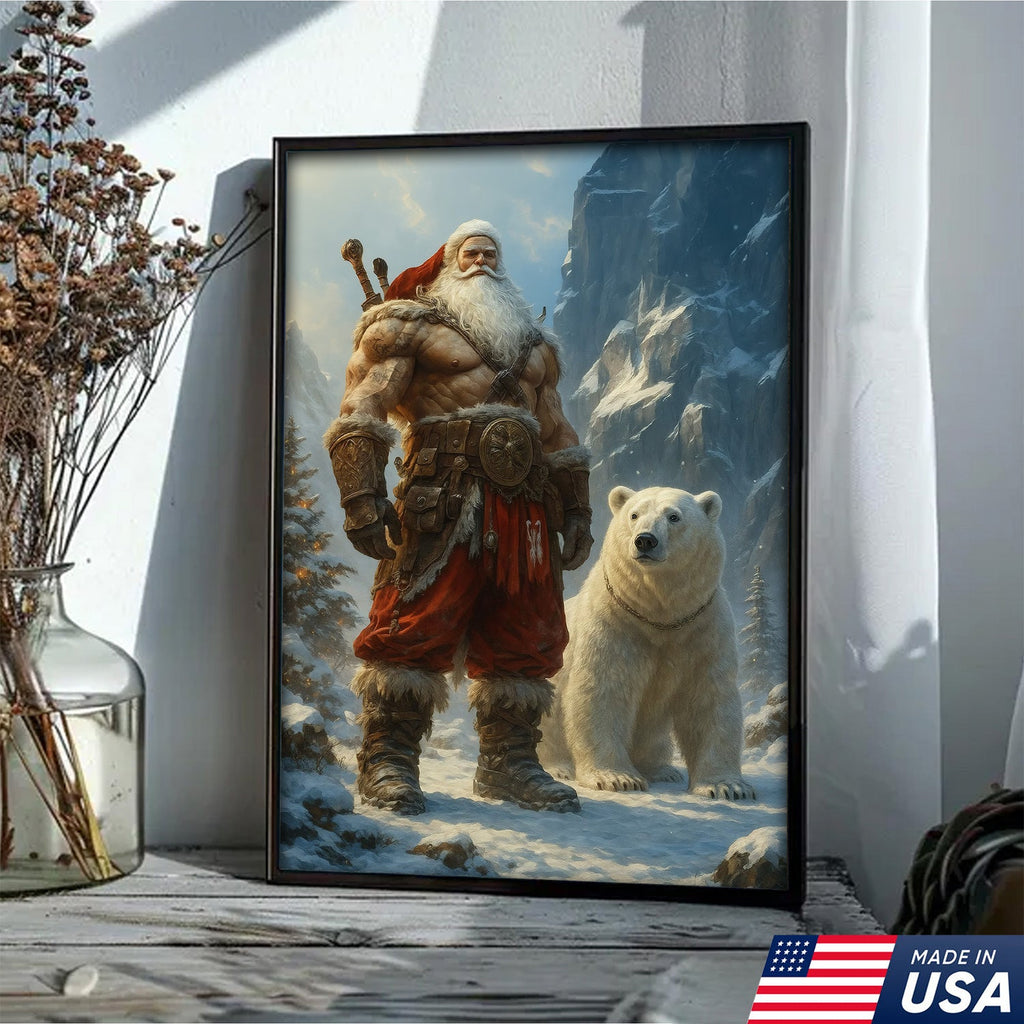 Viking Santa with Polar Bear Canvas Wall Art, Epic Christmas Warrior Decor