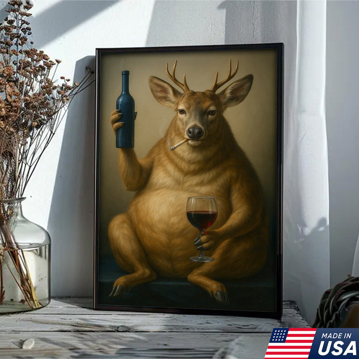 Funny Deer Wall Art Canvas – Fat Buck with Wine Glass Rustic Lodge Decor