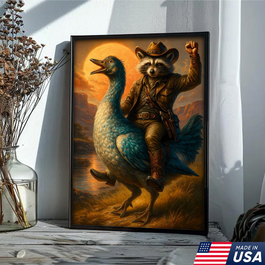 Raccoon Cowboy Riding Goose Canvas – Funny Western Wall Art for Hunters & Animal Lovers