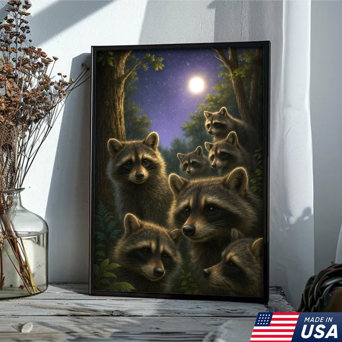 Raccoons Under Full Moon Canvas – Woodland Night Scene, Rustic Lodge Wall Art