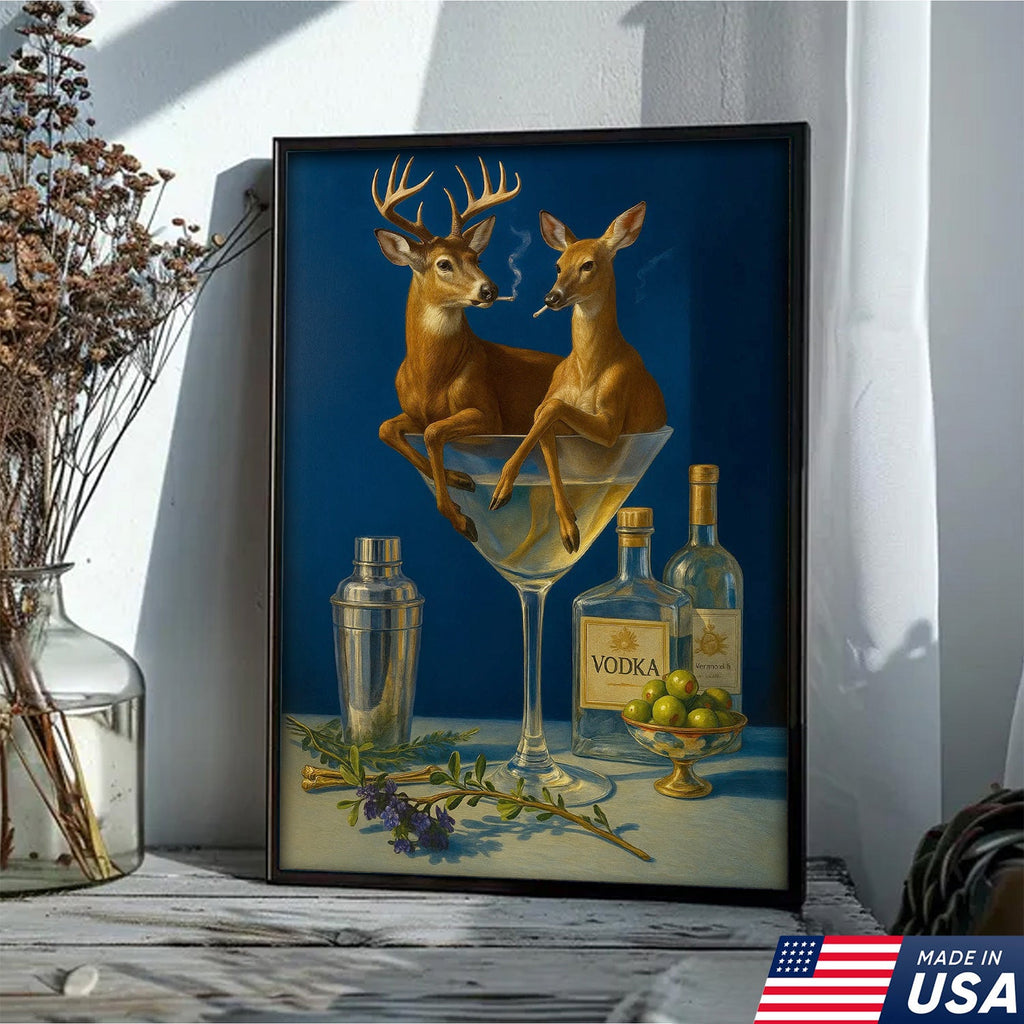 Funny Deer Couple Wall Art Canvas – Whimsical Buck and Doe in Martini Glass