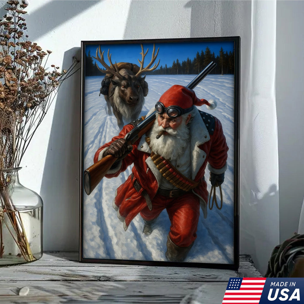 Action Santa Sprinting with Reindeer Canvas Wall Art, Epic Winter Christmas Decor