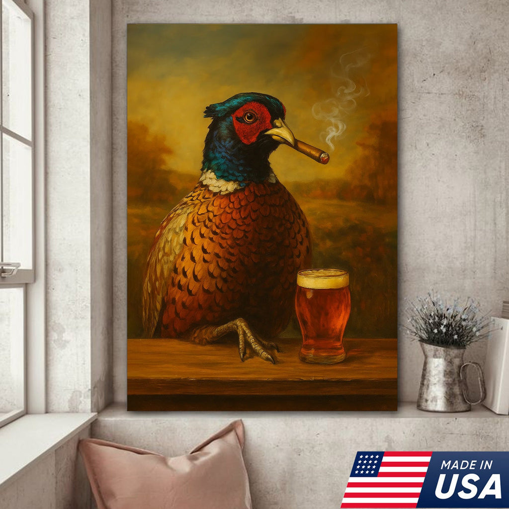 Pheasant With Smoking & Cocktail Glasses Canvas – Hunting Lodge Decor Perfect Gift for Hunters