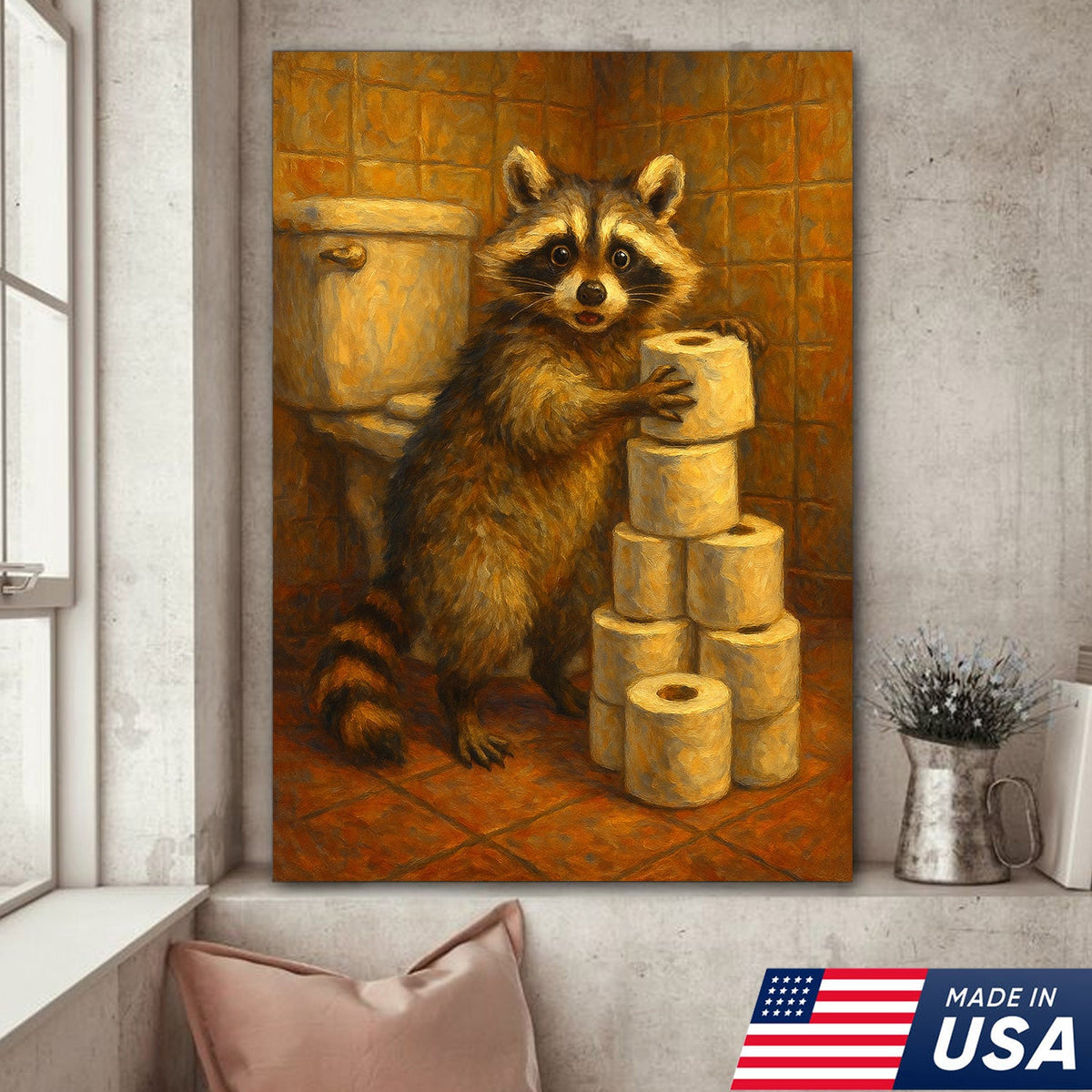Funny Raccoon Canvas Wall Art – Cute Animal Bathroom Decor with Toilet Paper