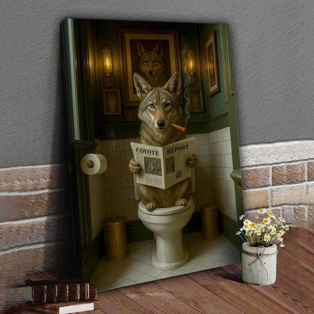 Funny Coyote Bathroom Canvas – Wild Dog on Toilet Reading Newspaper - Wolf Coyote